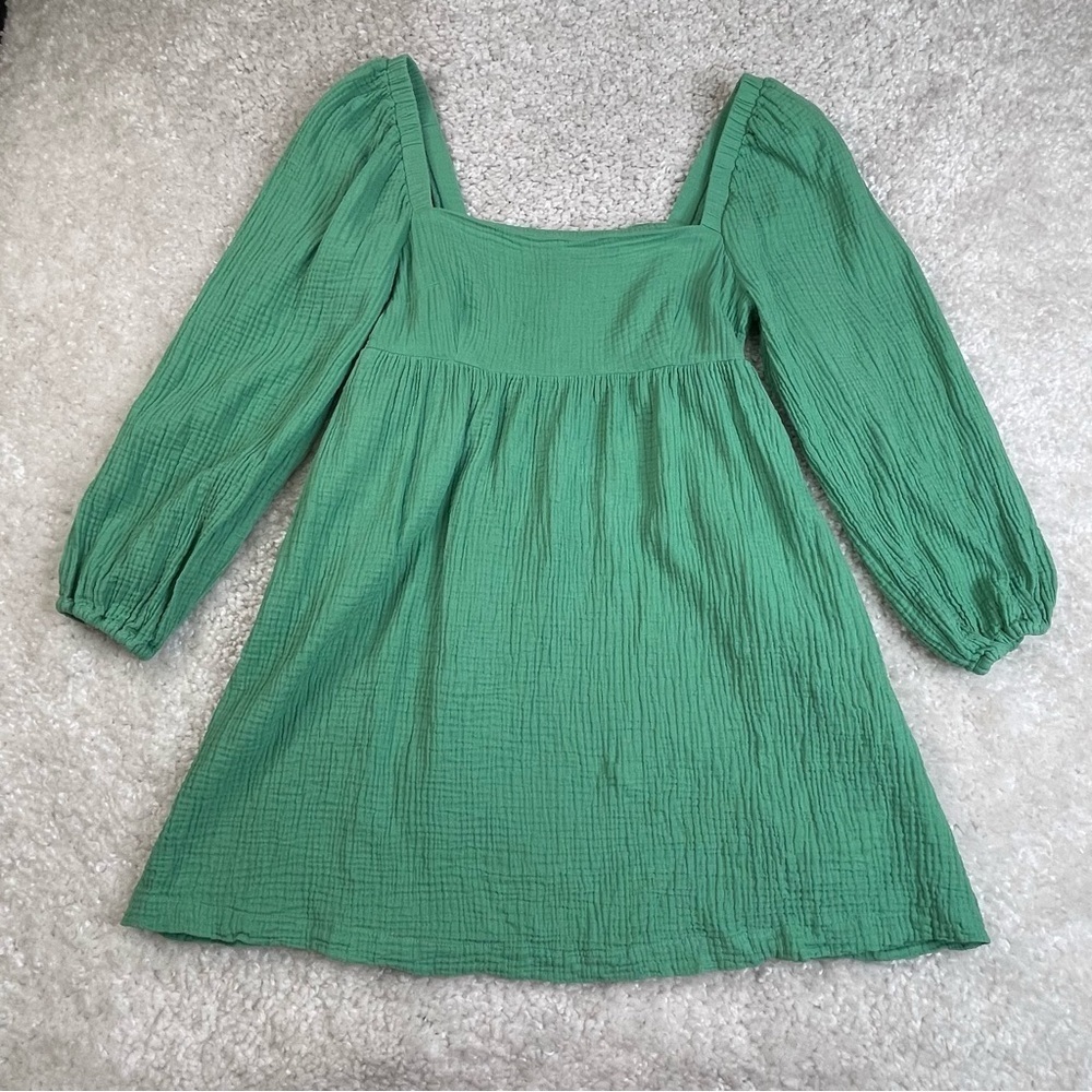 J Crew Women's Small Squareneck Soft Gauze Dress Green BG502 Smocked